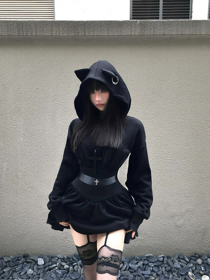 'Moon Cat' Dark Alt Cat Ears Hoop Hooded Dress AlielNosirrah