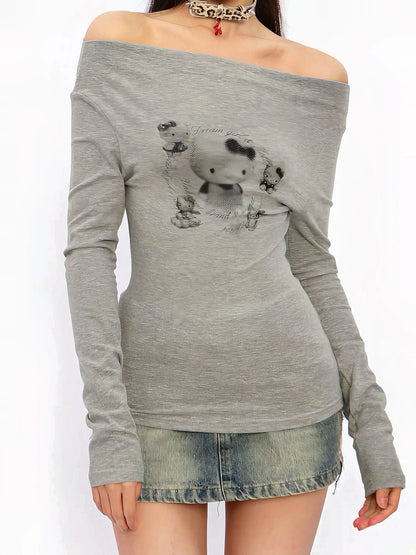 'Nerdy' Kitty Off Shoulder Fall Long Sleeve Shirts AlielNosirrah