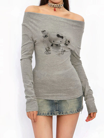 'Nerdy' Kitty Off Shoulder Fall Long Sleeve Shirts AlielNosirrah