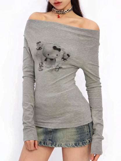 'Nerdy' Kitty Off Shoulder Fall Long Sleeve Shirts AlielNosirrah