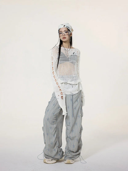 'Paper Plane' Acubi Star Pattern Striped Pocket Pants AlielNosirrah