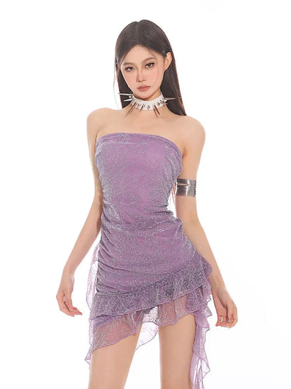 'Perfect Night' Y2k Summer Purple Shinny Strapless Dress AlielNosirrah