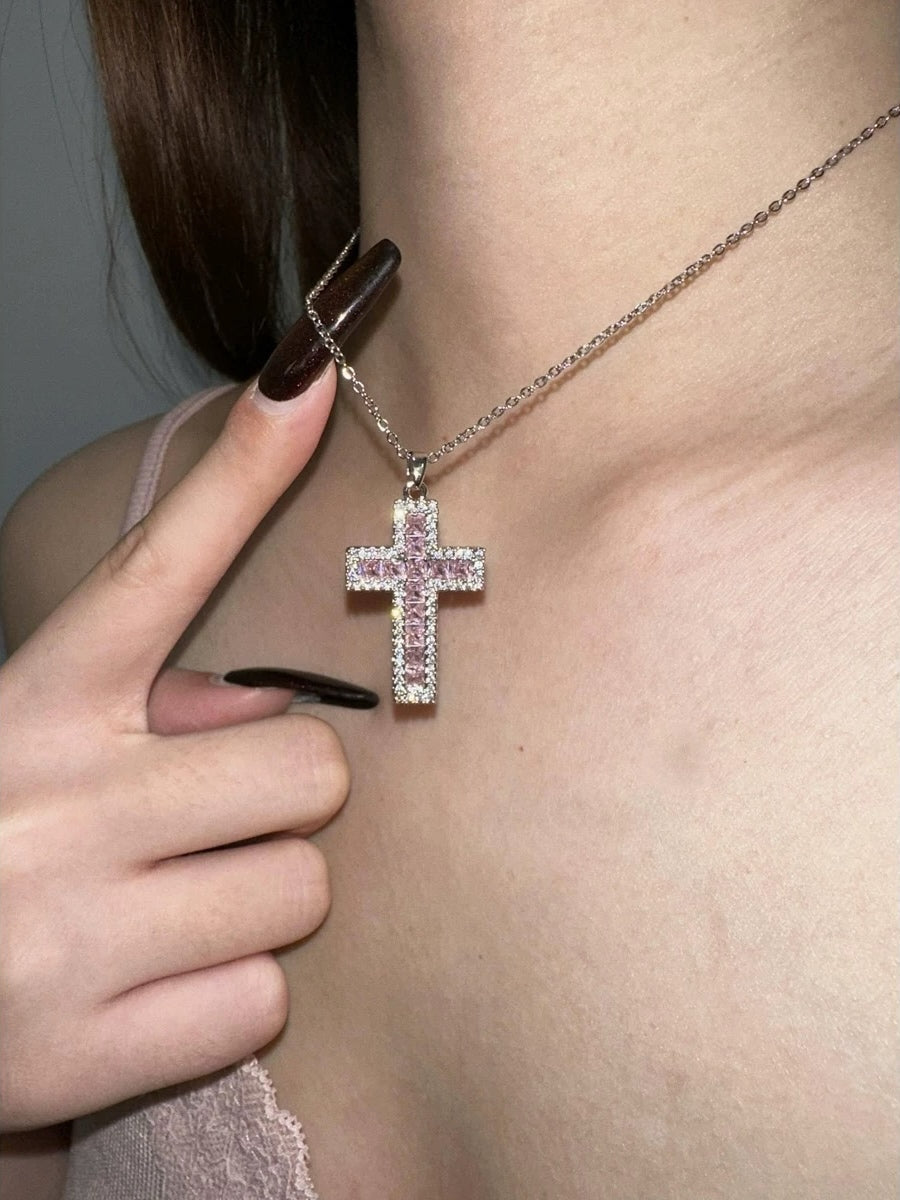 'Pink Diary‘ Y2k Rhinestone Shinning Cross Necklace AlielNosirrah