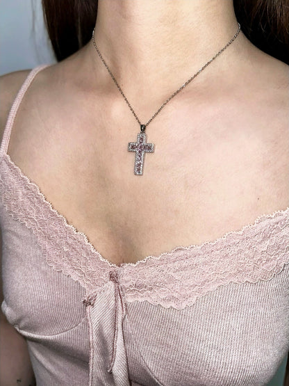 'Pink Diary‘ Y2k Rhinestone Shinning Cross Necklace AlielNosirrah