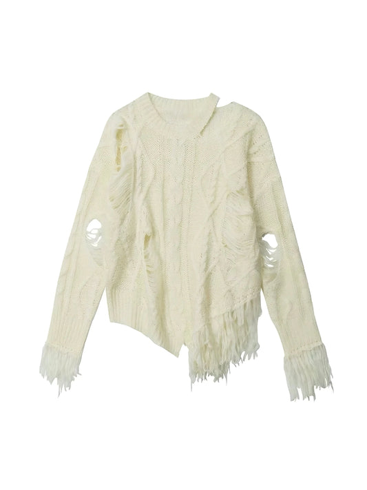 'Poetry' Soft Grunge Beige Ripped Tassel Sweater AlielNosirrah