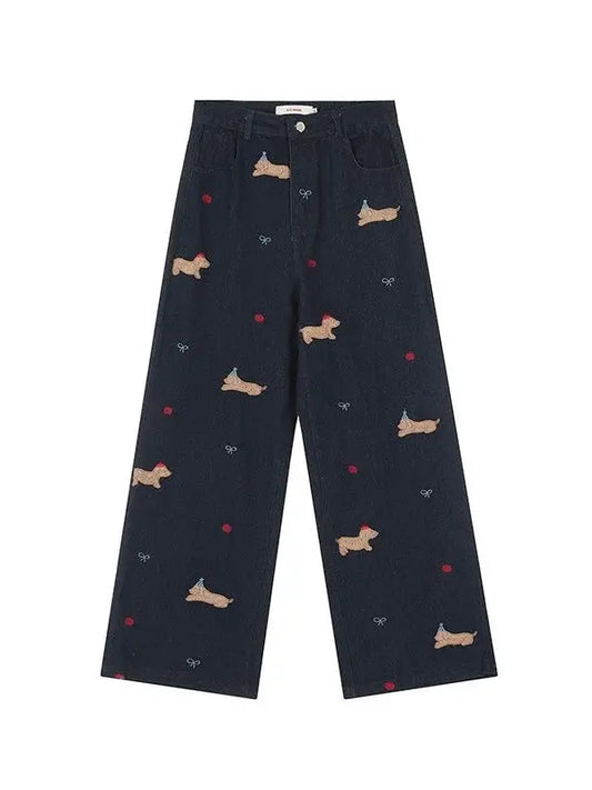 'Puppy Party' Kawaii Dots Puppy Embroidery Denim Pants AlielNosirrah