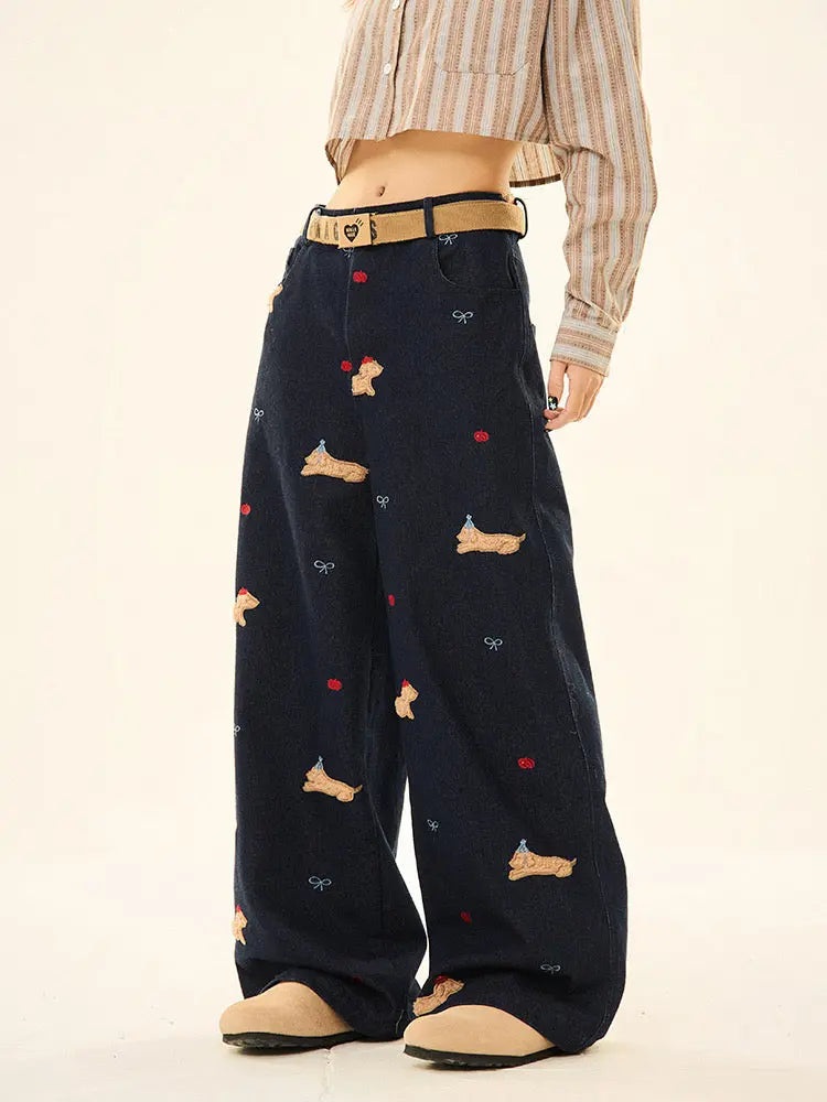 'Puppy Party' Kawaii Dots Puppy Embroidery Denim Pants AlielNosirrah