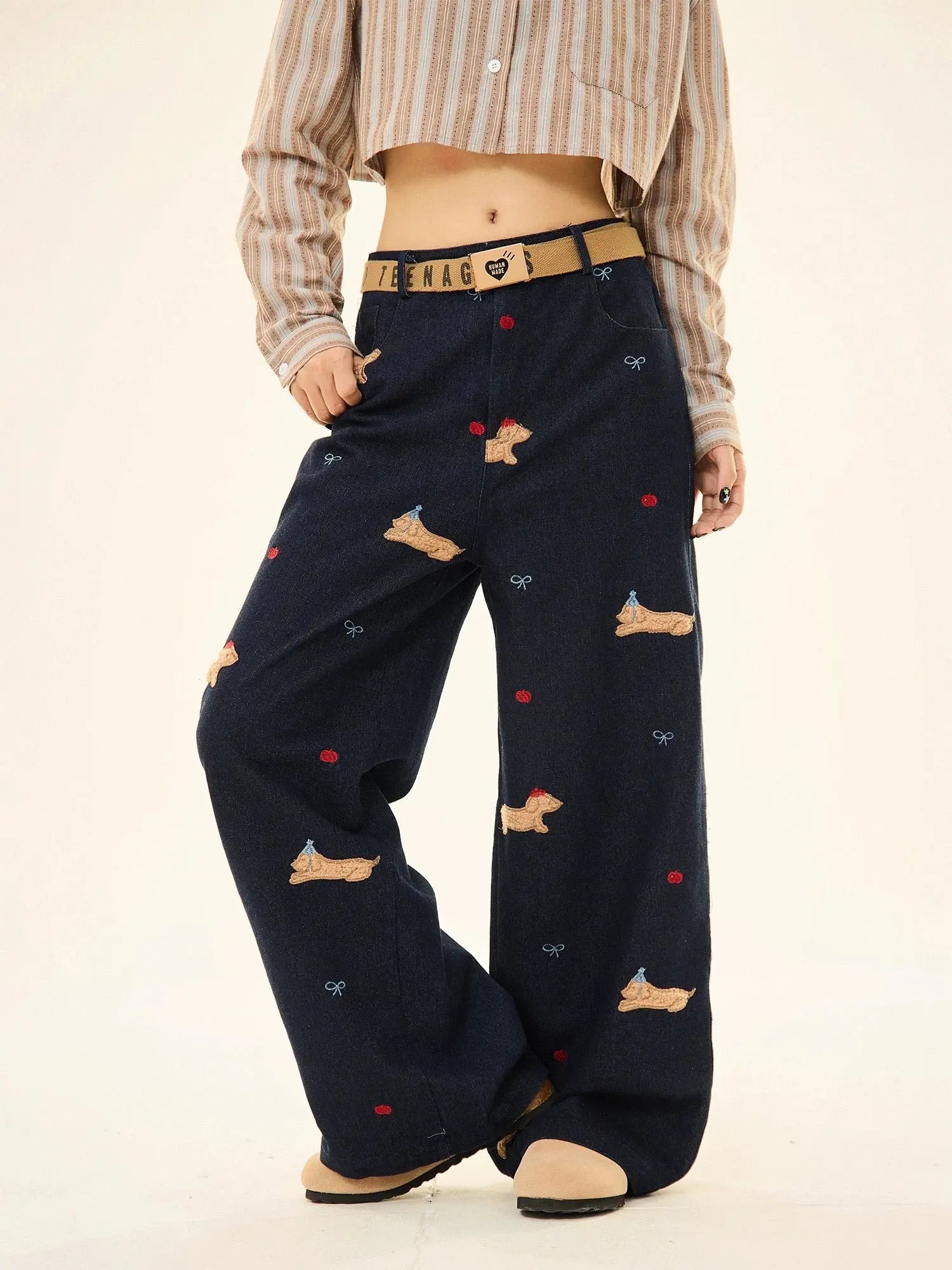 'Puppy Party' Kawaii Dots Puppy Embroidery Denim Pants AlielNosirrah