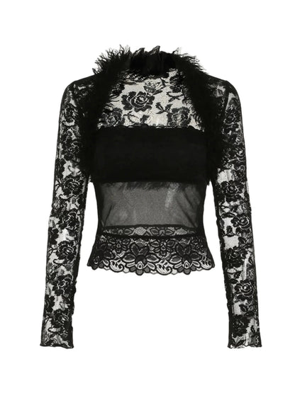 'Puzzle' Soft Goth Lace Patchwork Fluffy See Through Top AlielNosirrah