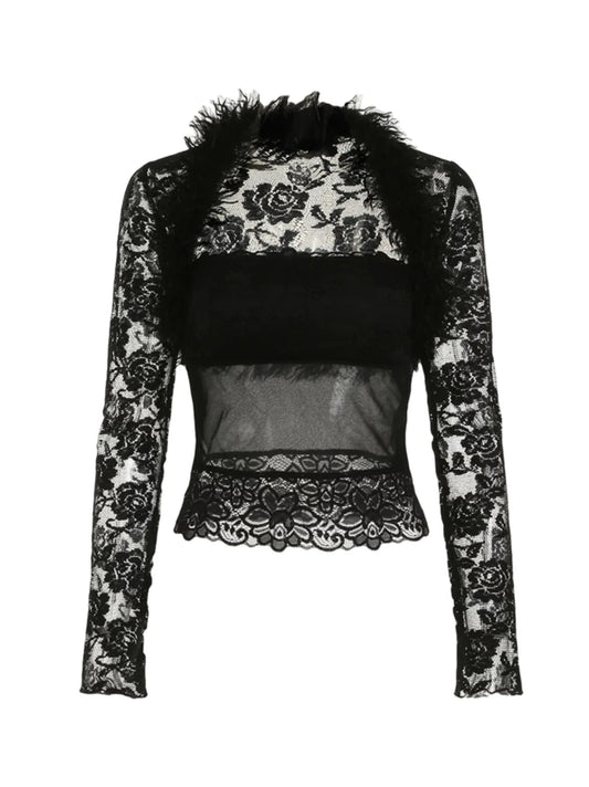 'Puzzle' Soft Goth Lace Patchwork Fluffy See Through Top AlielNosirrah