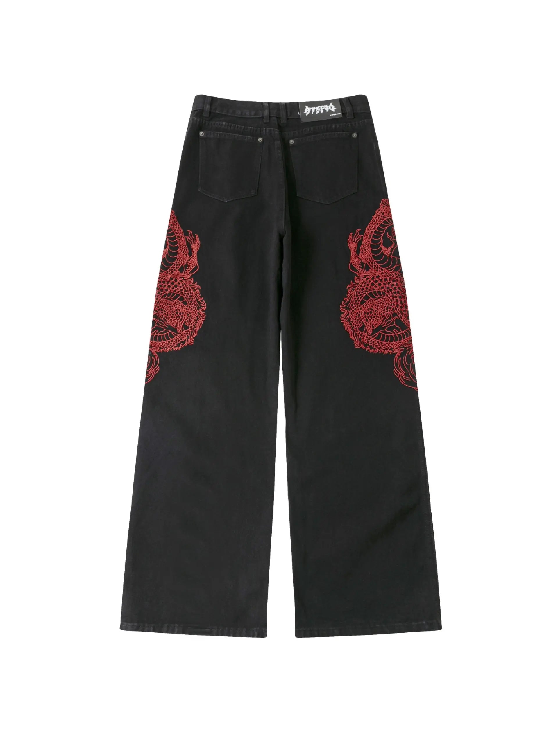 ’Red Lotus' Dragon Embroidery Pattern Oversized Denim Pants AlielNosirrah