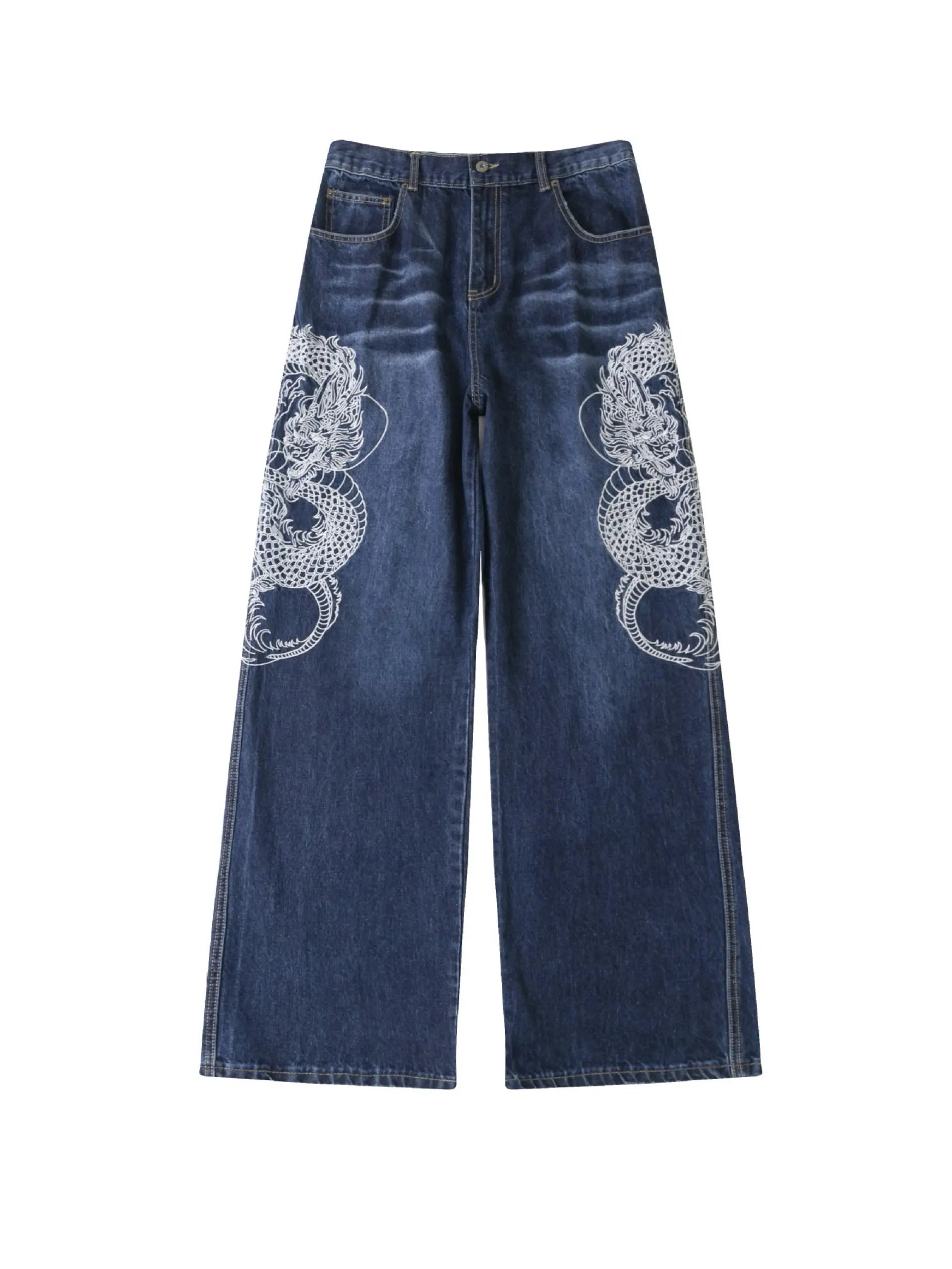 ’Red Lotus' Dragon Embroidery Pattern Oversized Denim Pants AlielNosirrah