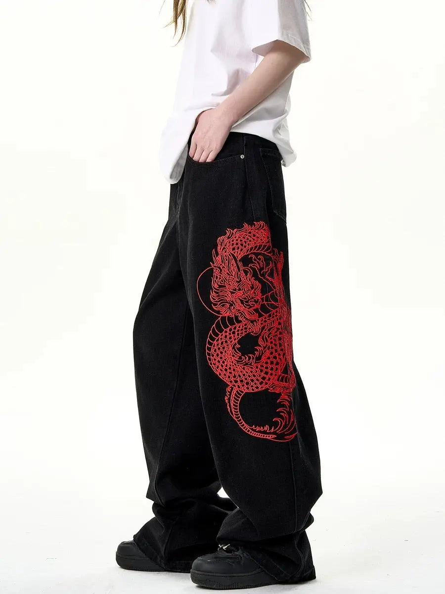 ’Red Lotus' Dragon Embroidery Pattern Oversized Denim Pants AlielNosirrah