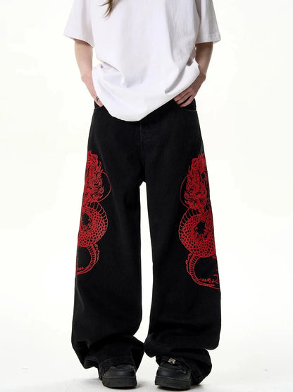 ’Red Lotus' Dragon Embroidery Pattern Oversized Denim Pants AlielNosirrah