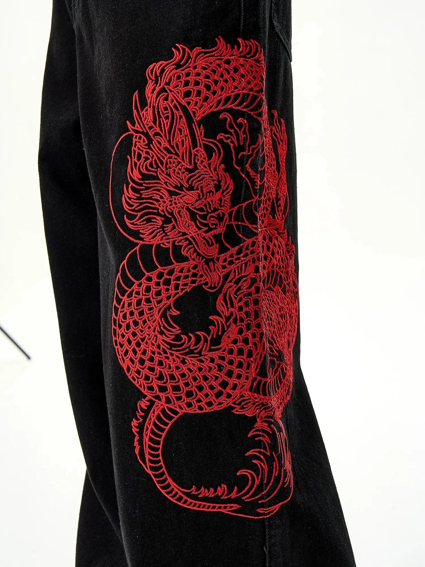 ’Red Lotus' Dragon Embroidery Pattern Oversized Denim Pants AlielNosirrah