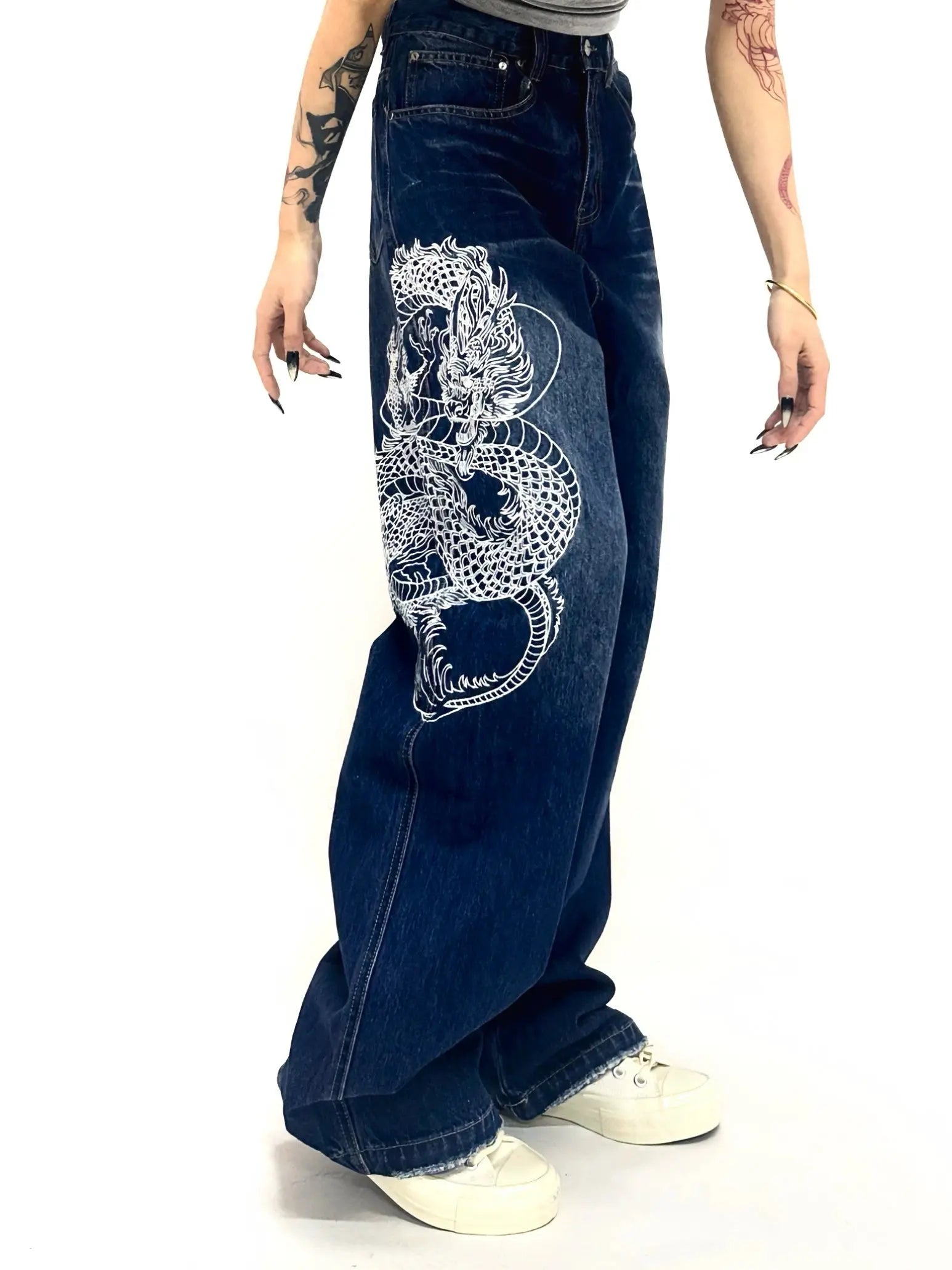 ’Red Lotus' Dragon Embroidery Pattern Oversized Denim Pants AlielNosirrah