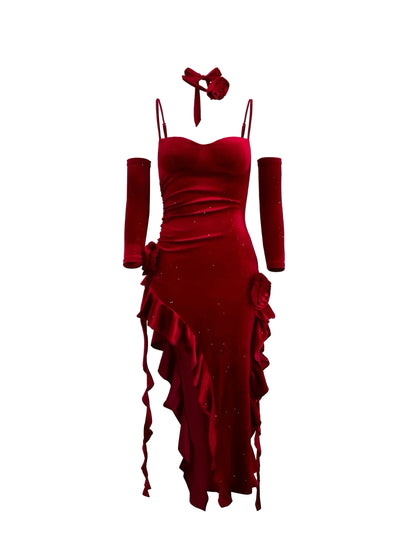 'Red Rose' Holiday Red  Hollow Out Lace Velvet Dress AlielNosirrah