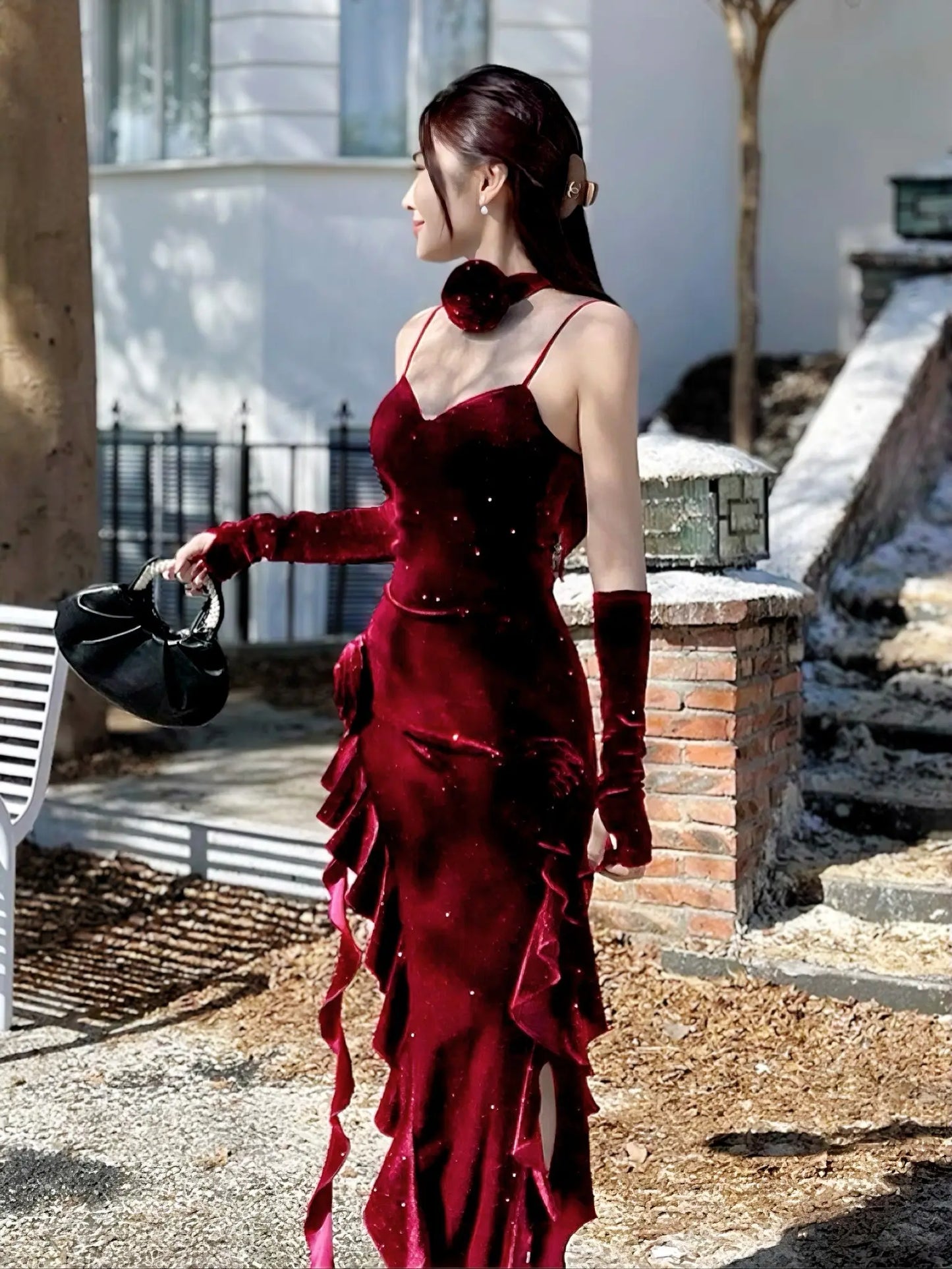 'Red Rose' Holiday Red  Hollow Out Lace Velvet Dress AlielNosirrah