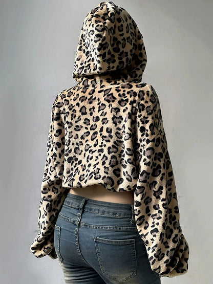 'Rock Ya' Y2k Cheetah Prints Fluffy Hooded Crop Coat AlielNosirrah