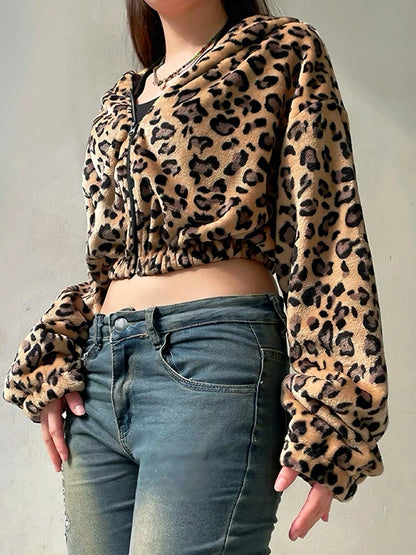 'Rock Ya' Y2k Cheetah Prints Fluffy Hooded Crop Coat AlielNosirrah