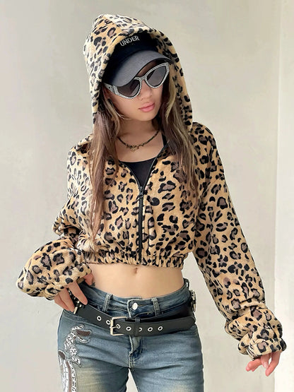 'Rock Ya' Y2k Cheetah Prints Fluffy Hooded Crop Coat AlielNosirrah