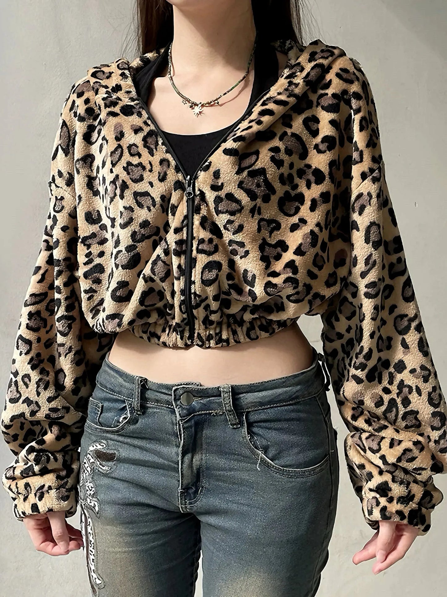 'Rock Ya' Y2k Cheetah Prints Fluffy Hooded Crop Coat AlielNosirrah