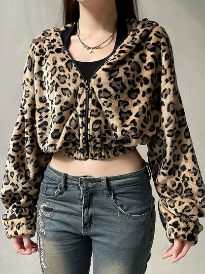 'Rock Ya' Y2k Cheetah Prints Fluffy Hooded Crop Coat AlielNosirrah