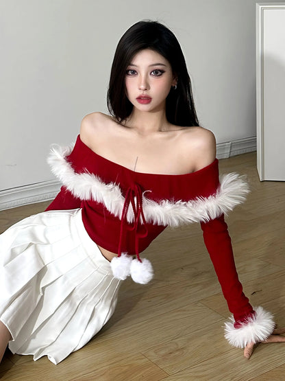 'Santa Babe' Fluffy Holiday Off Shoulder Holiday Top AlielNosirrah