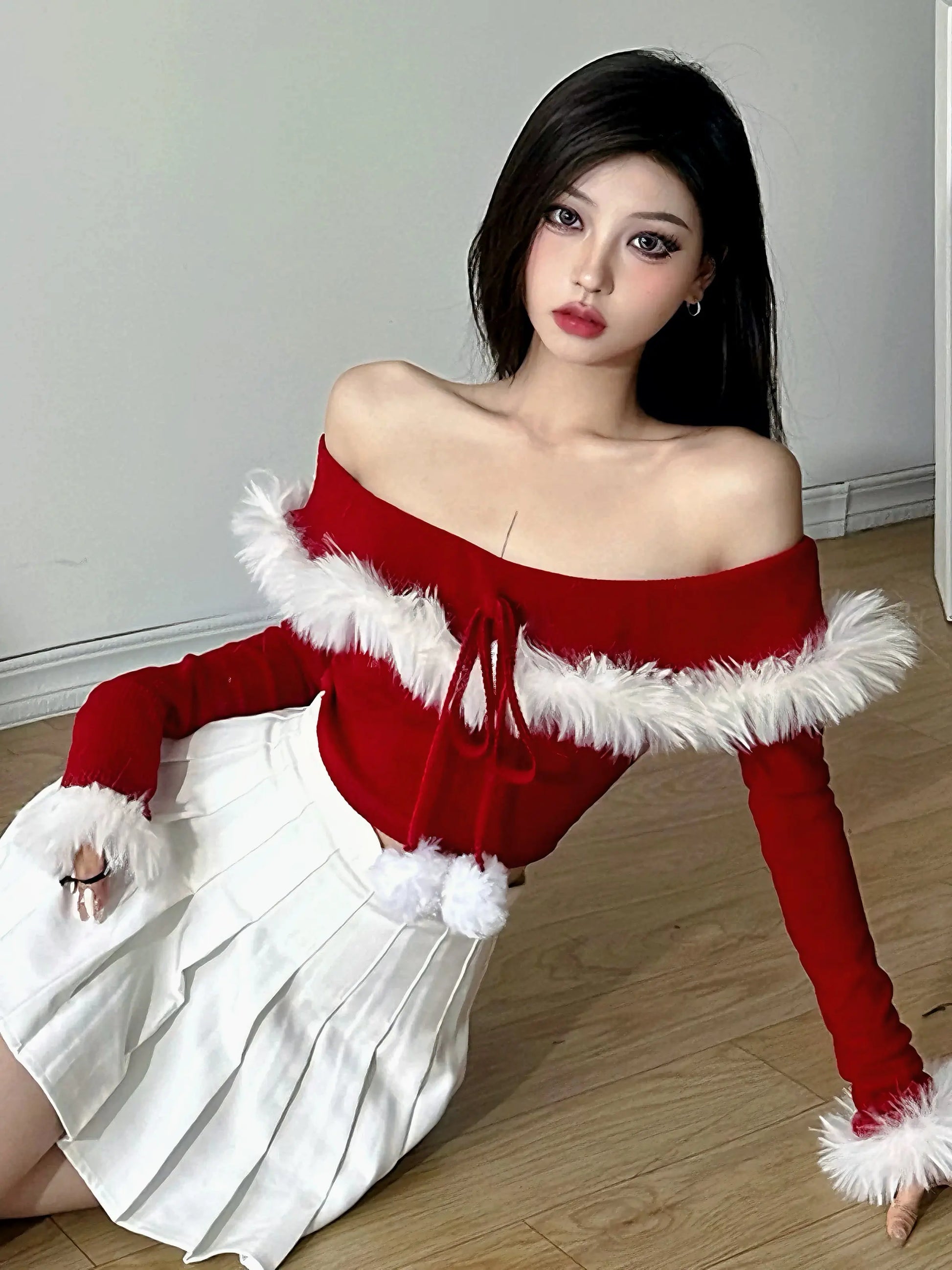 'Santa Babe' Fluffy Holiday Off Shoulder Holiday Top AlielNosirrah