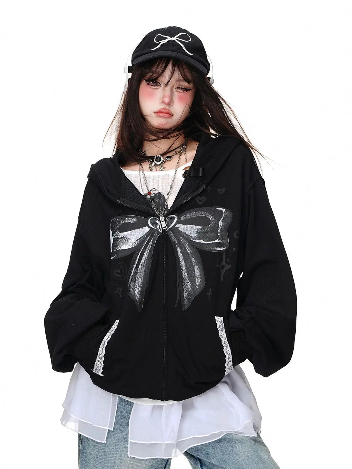 'Shujo' Coquette Bowtie Pattern Streetwear Hoodie Jacket AlielNosirrah