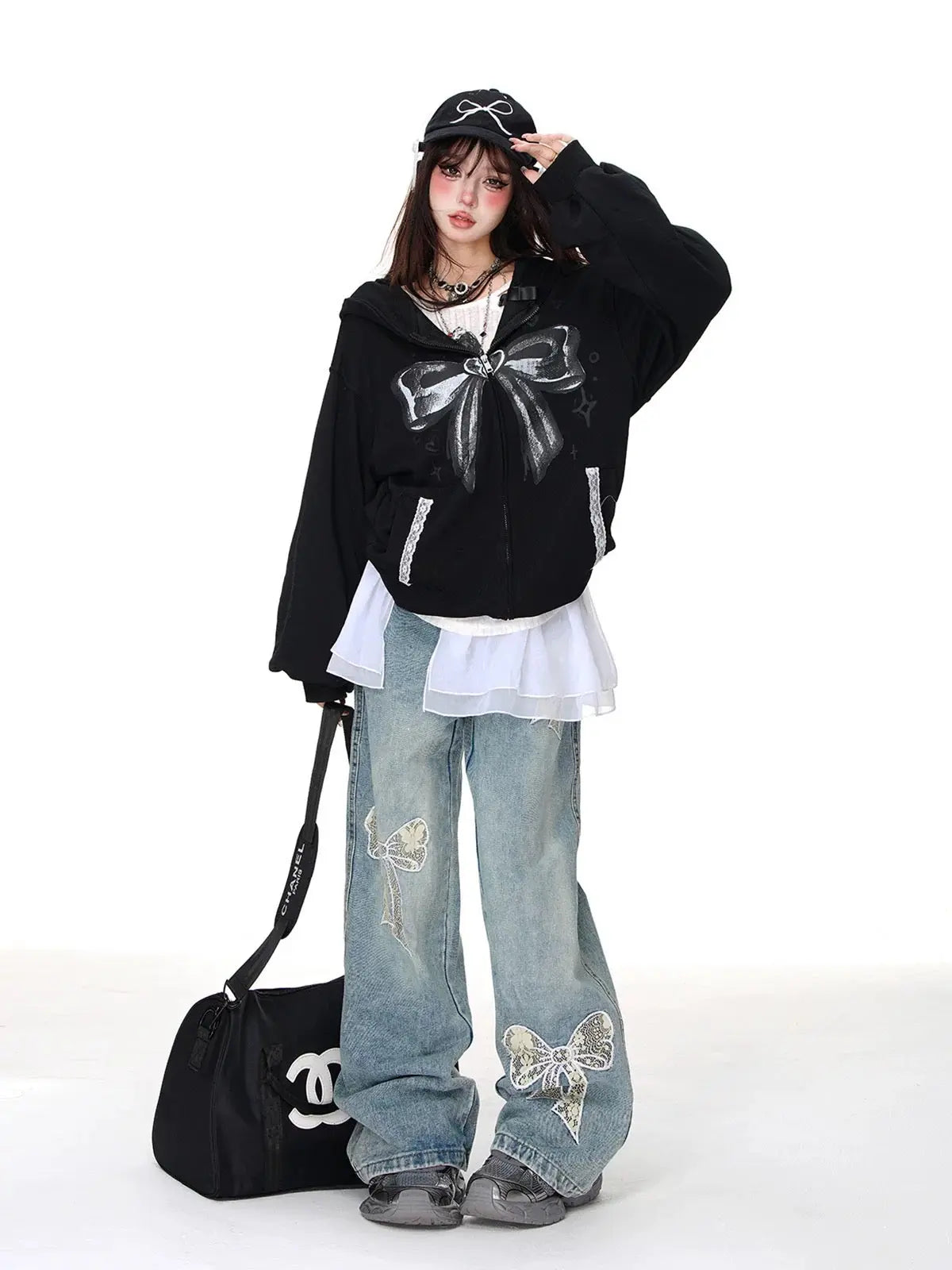 'Shujo' Coquette Bowtie Pattern Streetwear Hoodie Jacket AlielNosirrah