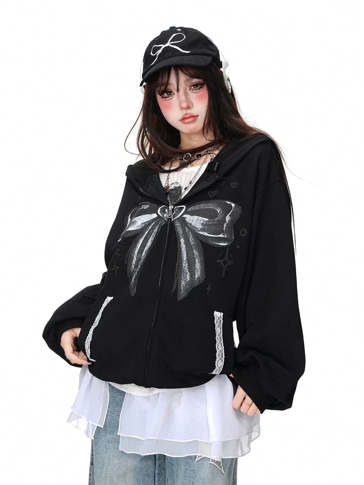 'Shujo' Coquette Bowtie Pattern Streetwear Hoodie Jacket AlielNosirrah