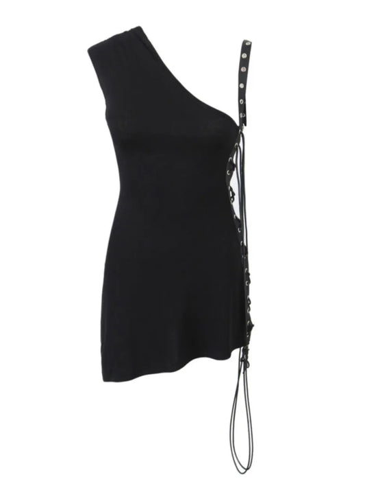 'Skinny Girl' Punk Dark One Shoulder Rivet Dress AlielNosirrah