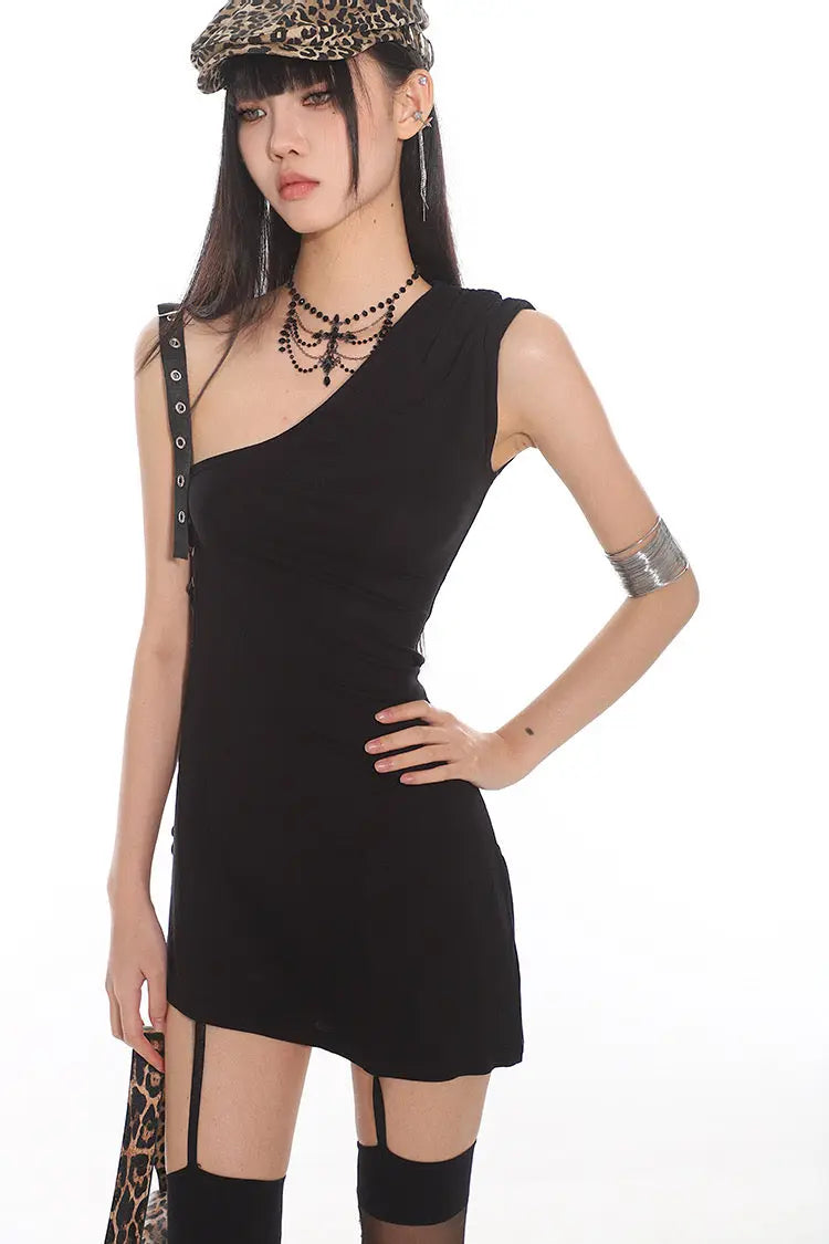 'Skinny Girl' Punk Dark One Shoulder Rivet Dress AlielNosirrah