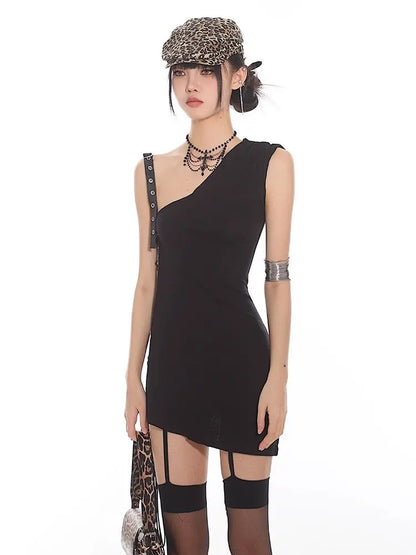 'Skinny Girl' Punk Dark One Shoulder Rivet Dress AlielNosirrah