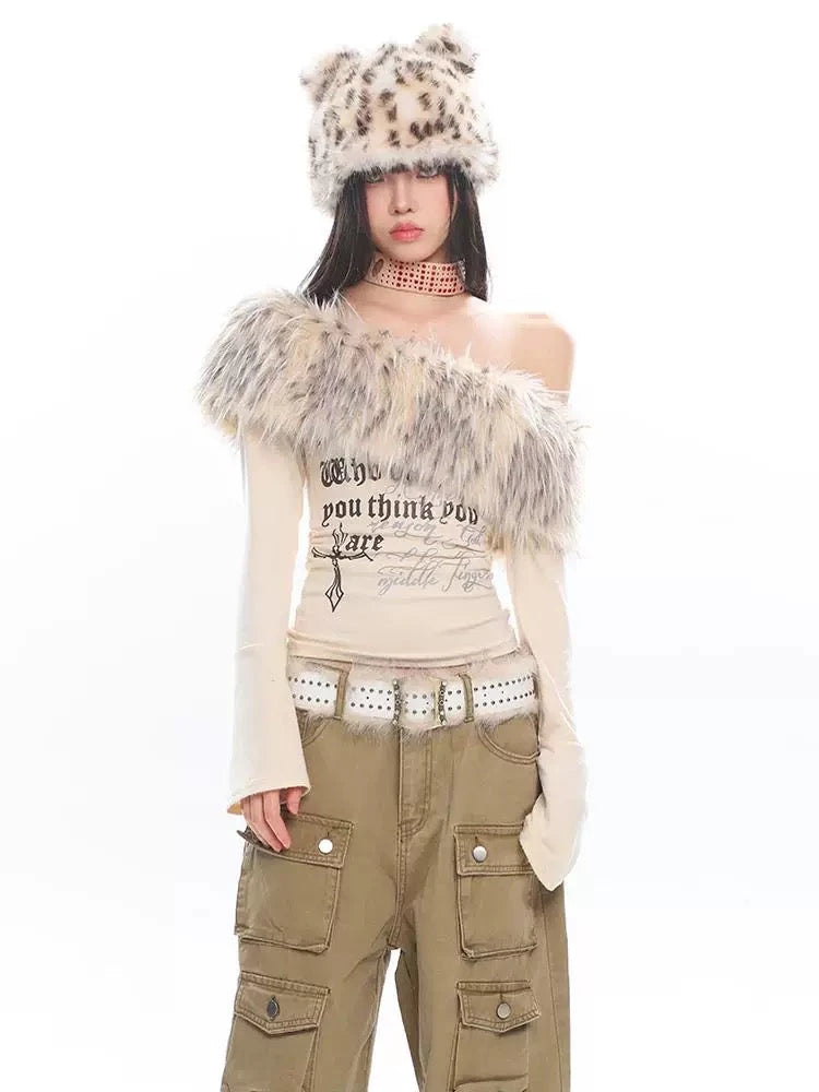 'Slavic' Y2k Snow Core Detachable Fur Off Shoulder Top AlielNosirrah