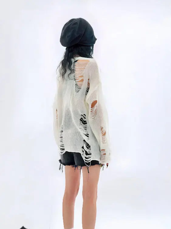 'Snow City' White Wasteland Punk Ripped Oversized Sweater AlielNosirrah