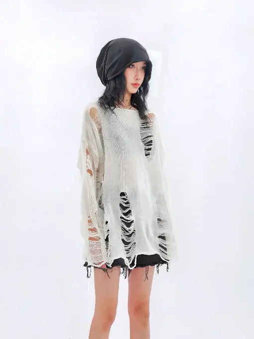 'Snow City' White Wasteland Punk Ripped Oversized Sweater AlielNosirrah