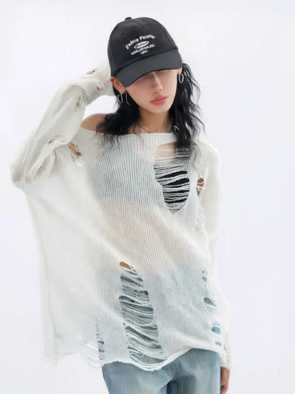 'Snow City' White Wasteland Punk Ripped Oversized Sweater AlielNosirrah