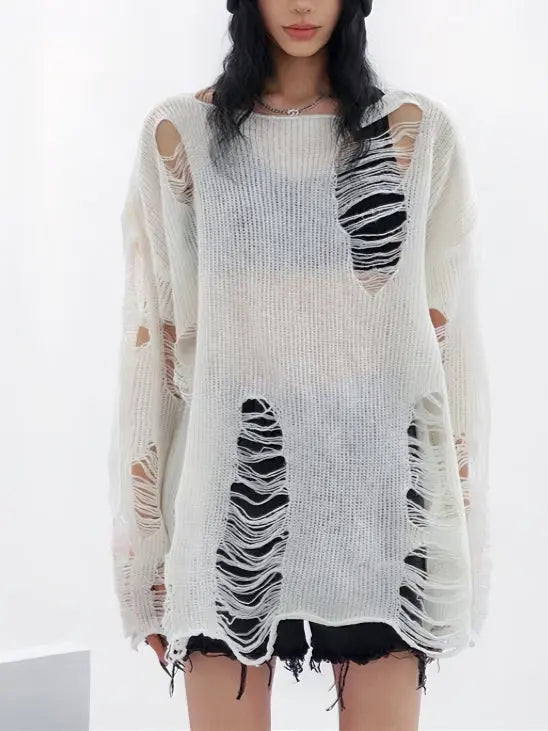 'Snow City' White Wasteland Punk Ripped Oversized Sweater AlielNosirrah