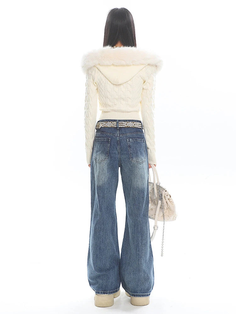 'Snow Days' Y2k Fluffy Fur Hood Cropped Sweater AlielNosirrah