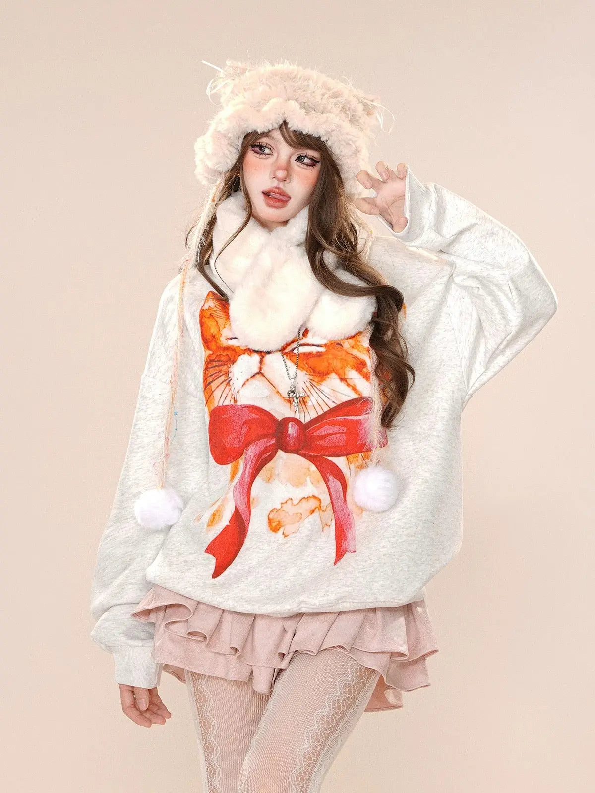 'Snow Town' Holiday Fluffy Hood  Ribbon Fair Isle Sweater AlielNosirrah