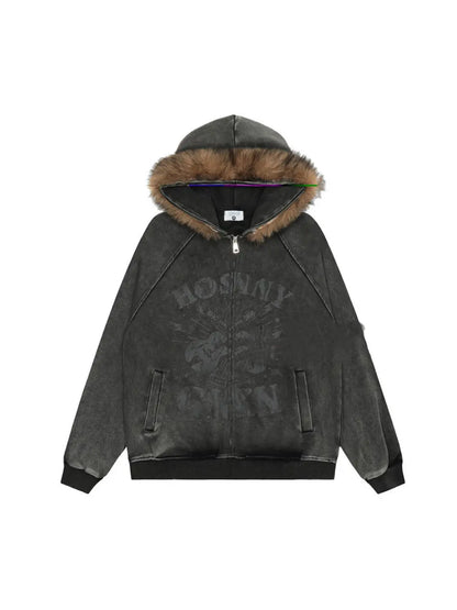 'Snow' Grunge Distressed Fluff Hood Guitar Prints Jacket AlielNosirrah