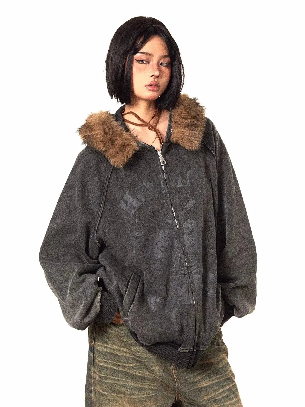 'Snow' Grunge Distressed Fluff Hood Guitar Prints Jacket AlielNosirrah