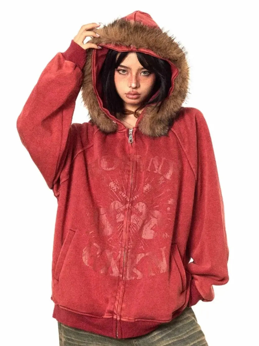 'Snow' Grunge Distressed Fluff Hood Guitar Prints Jacket AlielNosirrah