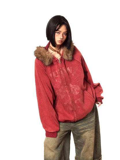 'Snow' Grunge Distressed Fluff Hood Guitar Prints Jacket AlielNosirrah