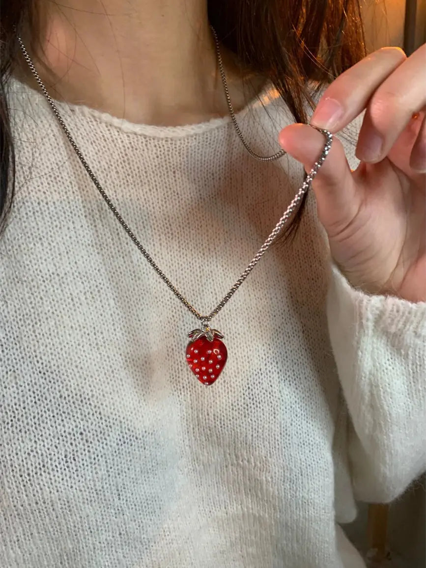 'Strawberry Dream'Y2k Clear Red Sweater Necklace AlielNosirrah