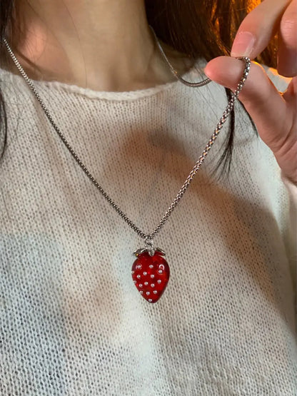 'Strawberry Dream'Y2k Clear Red Sweater Necklace AlielNosirrah