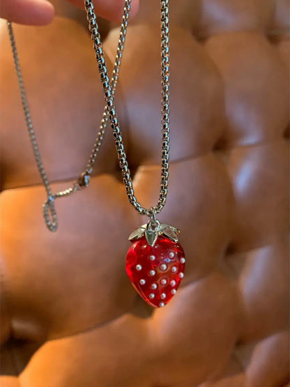 'Strawberry Dream'Y2k Clear Red Sweater Necklace AlielNosirrah