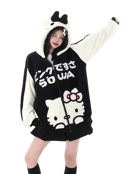 'Sweet Duo' Kawaii Streetstyle Fleeced Oversized Kitty Hoodie AlielNosirrah